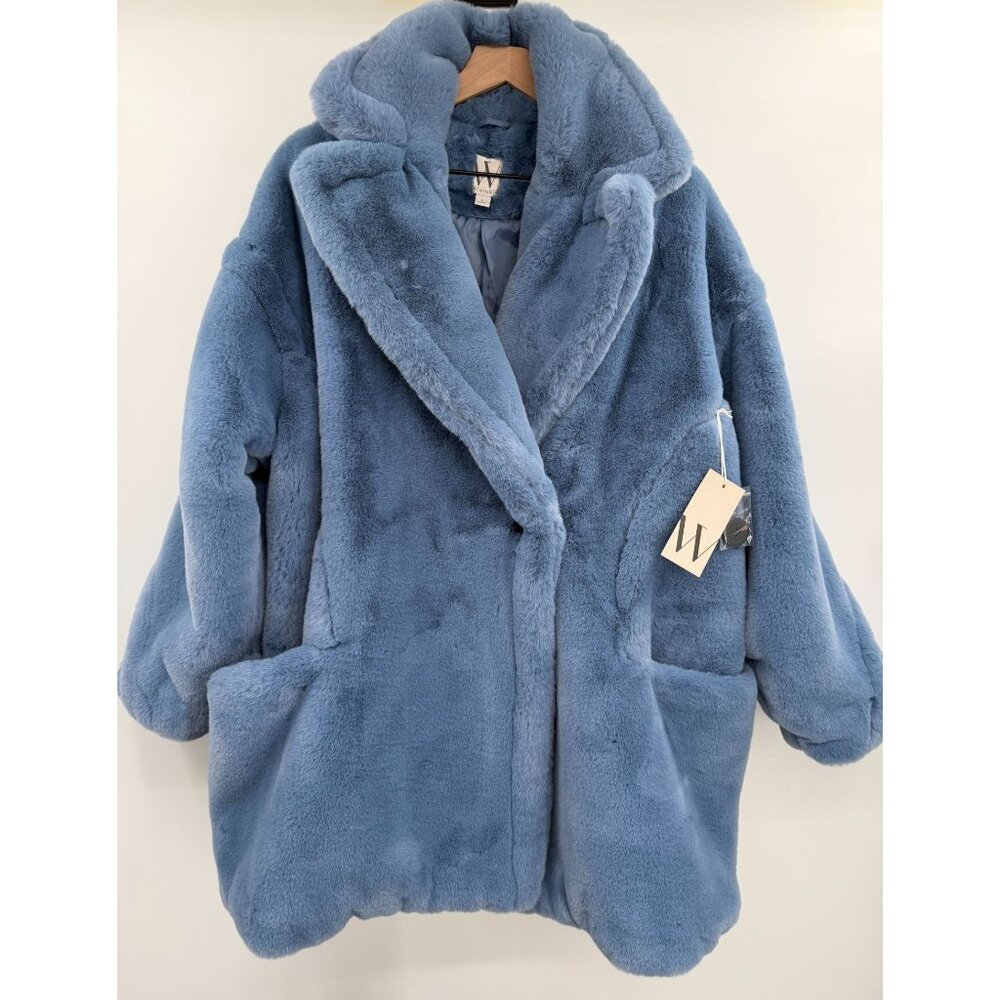 Worthington Faux Fur Teddy Coat Women Large Slate Blue Thick Oversized NWT